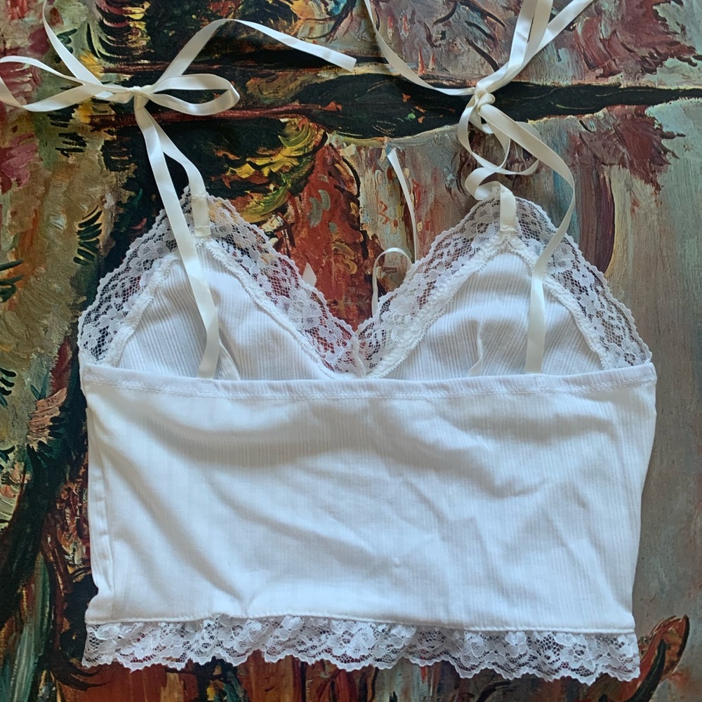 White crop top with lace trim and ribbon straps